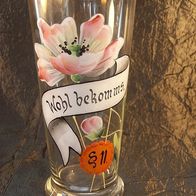 Altes Glas mit Emailmalerei - " Wohl bekomms "