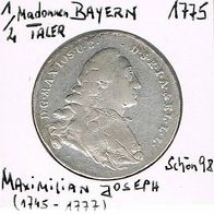 Bayern 1/2 Konventionstaler 1775 König Maximilian III. Joseph (1745-1777) Madonna