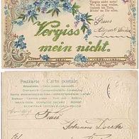 Spruchkarte Vergiss mein nicht um 1902, Prägedruck und Spruch erhaben gedruckt