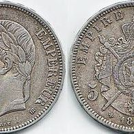 Frankreich Silber 5 Francs 1869BB Napoleon III.