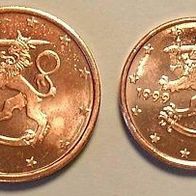 Neue Kursmünzen 1 + 2 Cent Finnland 1999/2000