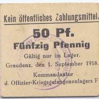 Graudenz Kriegsgefangenenlager 50 Pfennig vom 1. 09. 1918 mit Stempel