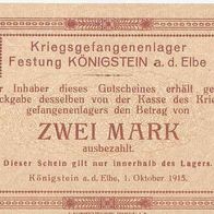 Königstein Kriegsgefangenenlager 2 Mark vom 1. 10. 1915, beste Erhaltung