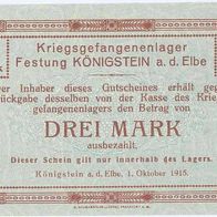 Königstein Kriegsgefangenenlager 3 Mark vom 1. 10. 1915, beste Erhaltung