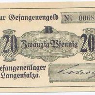 Langensalza Kriegsgefangenenlager 20 Pfennig mit Prägestempel, Nr. 006845,