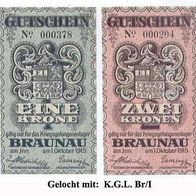 Braunau am Inn Kriegsgefangenenlager 1 Krone und 2 Kronen vom 1. Okt. 1915