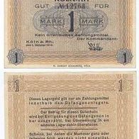 Köln Kriegsgefangenenlagergeld 1 Mark vom 1.10. 1918 Nummer 12763