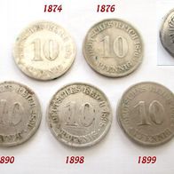 5x Münze Deutsches Reich 10 Pfennig * 1874 - 1876 - 1890 - 1898 - 1899