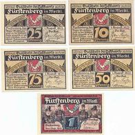 Fürstenberg Notgeld 10, 25, 50, 75 Pfennig und 1 Mark vom 1. 10. 1921 Wappen unten