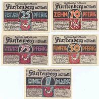 Fürstenberg Notgeld 10, 25, 50, 75 Pfennig und 1 Mark vom 1. 10. 1921 Wappen oben