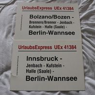 2 Zuglaufschilder UEx 41384 Bolzano/ Bozen + Innsbruck-Halle-Berlin-Wannsee