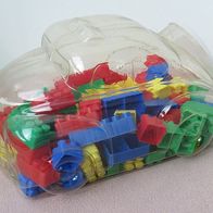 Auto Box gefüllt mit Bausteinen Taxi Plastik Kunststoff Spielzeugauto Bauklötze