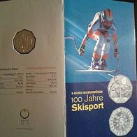 Österreich 5 Euro 2005 handgehoben Silber im Blister, 100 J. Skiverband