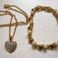 Schmuckset * Armband mit Perlen & Herzen + Kette mit Herz-Anhänger Kristalle