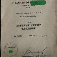 Original Urkunde Eisernes Kreuz 2. Klasse, Obergef. vom 5./ Art. Rgt. 158