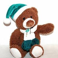 Maskottchen brauner kleiner weicher Weihnachts Teddy 25 cm mit grüner Mütze und Schal