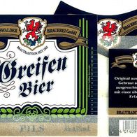 Bieretikett "Greifen Bier Pils" Greifswalder Brauerei † 1993 Greifswald Meck-Pom