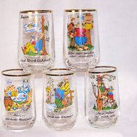5 Trink-Gläser mit lustigen Szenen und lustigen Trink-Sprüchen, 60er Jahre