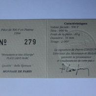 Nur Zertifikat Platin Markus Platz 500 Francs 75 Ecu Frankreich 1994 Place Saint-Marc
