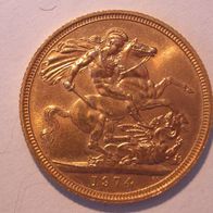 England 1 Sovereign, 1 Pfund Gold Elisabeth II. 1974. (Frühes Jahr, selten)