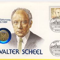 Numisbrief Walter Scheel 1 DM 1989 J (vergoldet)