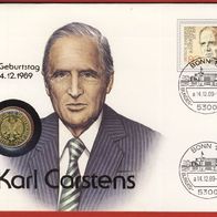 Numisbrief Karl Carstens 1 DM 1989 J (vergoldet)