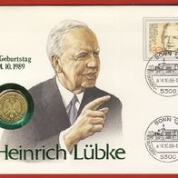 Numisbrief Heinrich Lübke 1 DM 1989 J (vergoldet)