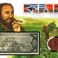 Fidel Castro, Banknotenbrief, Münzbrief, Numisbrief, Peso Münze + G-Schein, Kuba