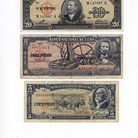 Kuba, Cuba, 3 Geldscheine 1, 5, 20 Peso, 1960, Signatur Che Guevara, unzirkuliert