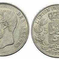 Belgien Silber 5 Francs 1873 "LEOPOLD II." (1865-1909)
