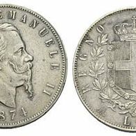 Italien Silber 5 Lire 1874M "VITTORIO Emanuele II.." (1861-1878)