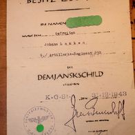 Original Urkunde Demjanskschild, Gefr. vom 9./ Art. Rgt. 290