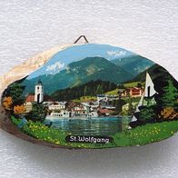 Andenken Holzbild " St. Wolfgang ", 60ger J. Design