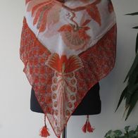 NEU: Hals Tuch creme 110 x 110 cm Bommeln Troddel Polyester Pfauen Orient Muster
