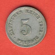 Kaiserreich 5 Pfennig 1908 D