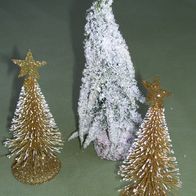 3x Weihnachtsbaum Gold Glimmer m. Stern + Tanne Holzfuß mit Schnee Weihnachten
