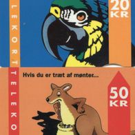 2 schöne Tier-Telefonkarten aus Dänemark: Papagei + Känguruh
