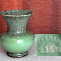 Grüne bauchige Keramik Vase mit brauner Laufglasur aus den 1950er Jahren