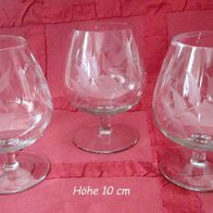 3 schöne Cognac Gläser * Cognacschwenker mit eingeschliffenen Blättern / Farn