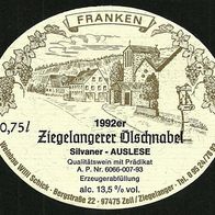 Weinetikett "Ziegelangerer Ölschnabel 1992" (Silvaner Auslese) Weinbau Schick, Zeil