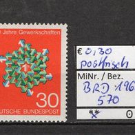 BRD / Bund 1968 100 Jahre Gewerkschaften in Deutschland MiNr. 570 postfrisch