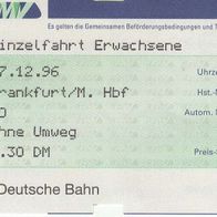 Alte Fahrkarte DB/ RMV 50001 Einzelfahrt Frankfurt/ M.- Hauptbahnhof am 17.12.1996