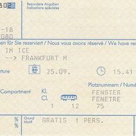 Alte Fahrkarte DB 357570802 Sitzplatz Reservierung München-Frankfurt/ M am 25.09.1991