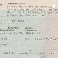 alte Fahrkarte DB 178985166, Frankfurt (Main) - Lauffen (Neckar) vom 23,11.1995