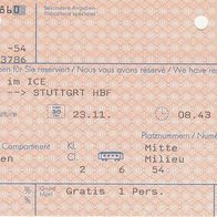 Alte Fahrkarte DB 458737860 Sitzplatz Res. Frankfurt/ M-Stuttgart am 23.11.1995