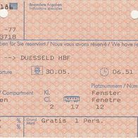 Alte Fahrkarte DB 391637186 Sitzplatz Res. Frankfurt/ M-Düsseldorf am 30.05.1995