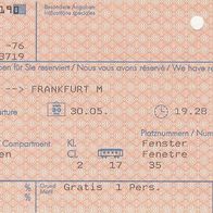 Alte Fahrkarte DB 391637190 Sitzplatz Res. Düsseldorf-Frankfurt/ M am 30.05.1995