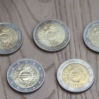 10 Jahre Euro-Bargeld 5x 2€ Deutschland 2012 A, D, D, G, J Sondermünze Gedenkmünze