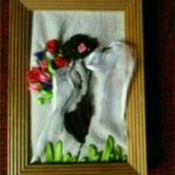 3 D Blumenbild Satinbandstickerei Motiv Dame mit Hut und Rosen