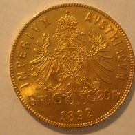 Österreich/ Ungarn 8 Fl. /20 Franken Gold 1892 6,5 g Gold.